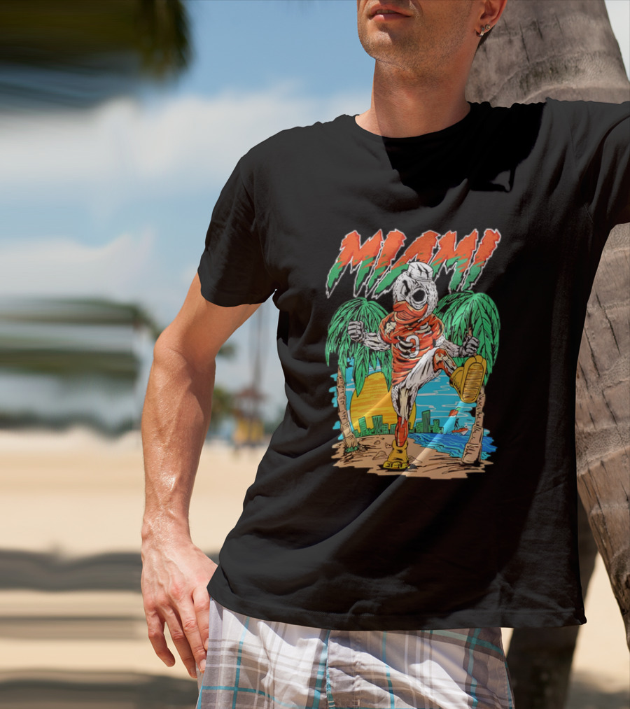 Miami Hurricanes Sebastian The Ibis Palm Trees Cityscape Sunrise T-Shirt