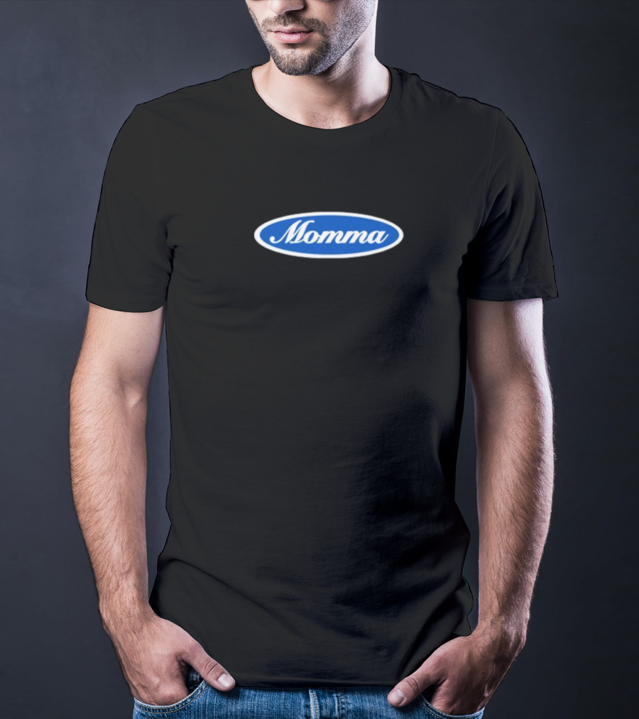 Momma Blue Oval White Script Text T-Shirt