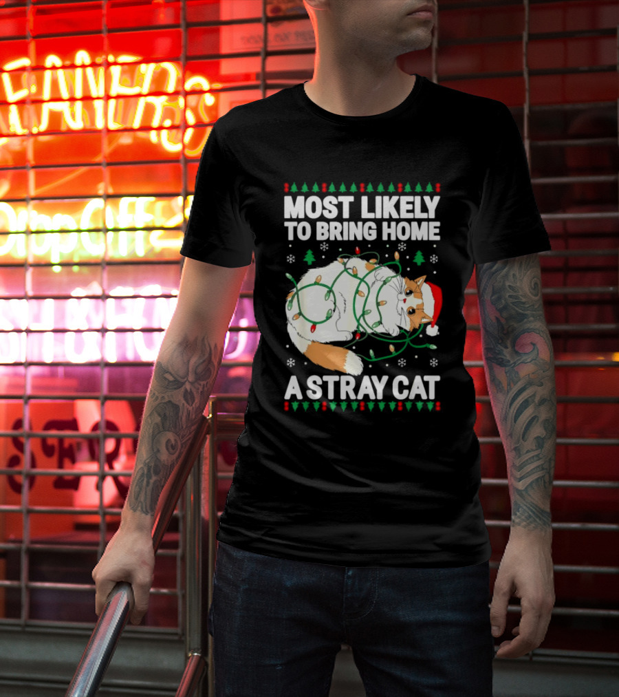 Most Likely To Bring Home A Stray Cat Christmas Lights Santa Hat Festive Holiday Cat T-Shirt