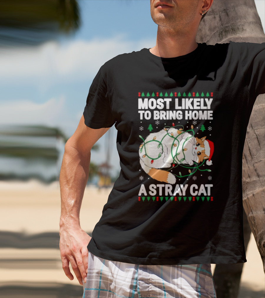 Most Likely To Bring Home A Stray Cat Christmas Lights Santa Hat Festive Holiday Cat T-Shirt