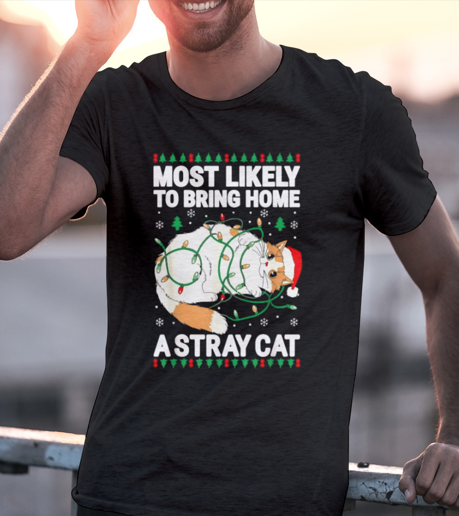 Most Likely To Bring Home A Stray Cat Christmas Lights Santa Hat Festive Holiday Cat T-Shirt