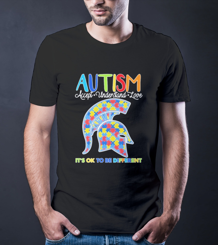 Autism Accept Understand Love It's OK To Be Different Puzzle Pattern Spartan Helmet T-Shirt
