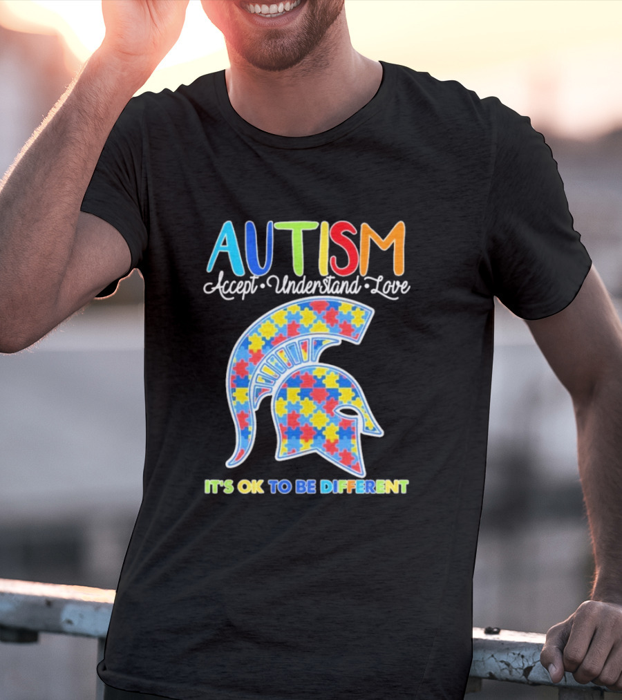 Autism Accept Understand Love It's OK To Be Different Puzzle Pattern Spartan Helmet T-Shirt