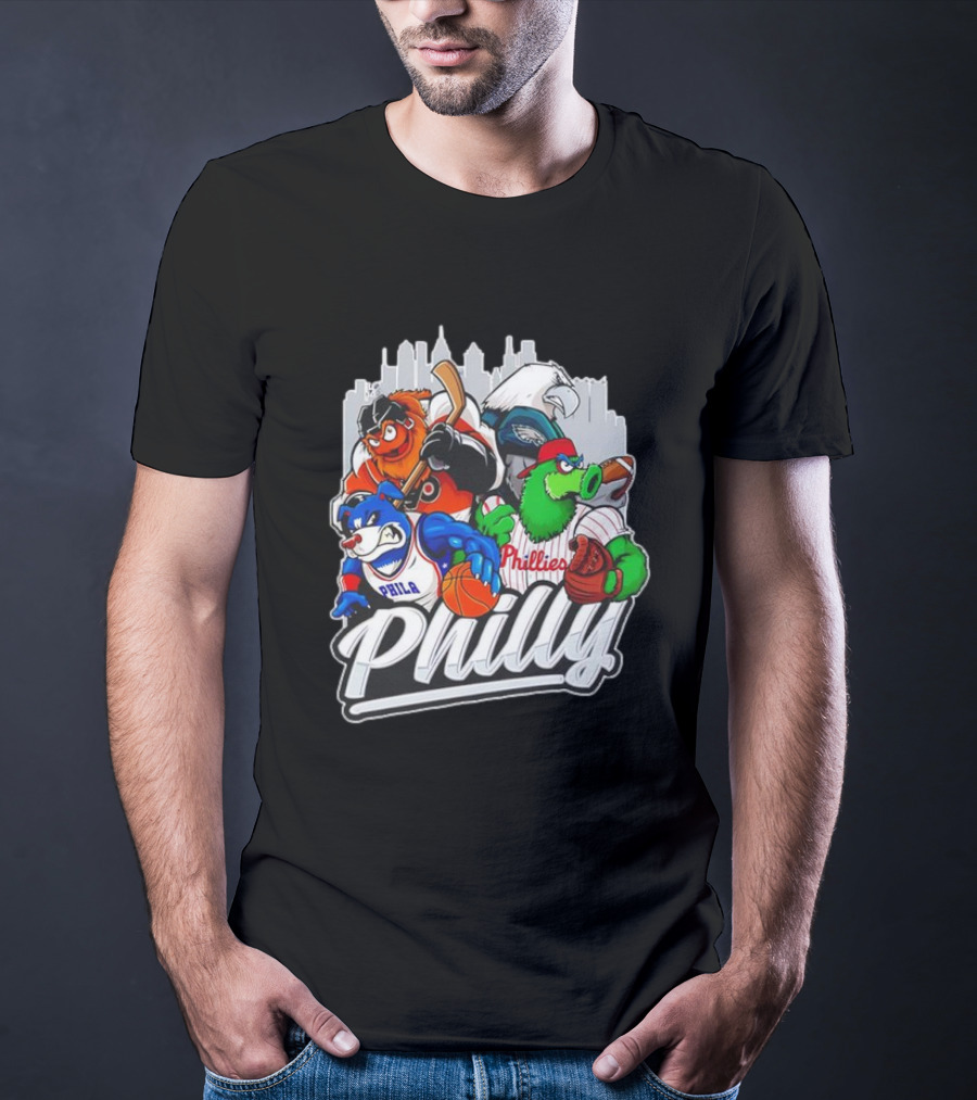 Philly Sports Mascots Basketball Baseball Hockey City Skyline T-Shirt