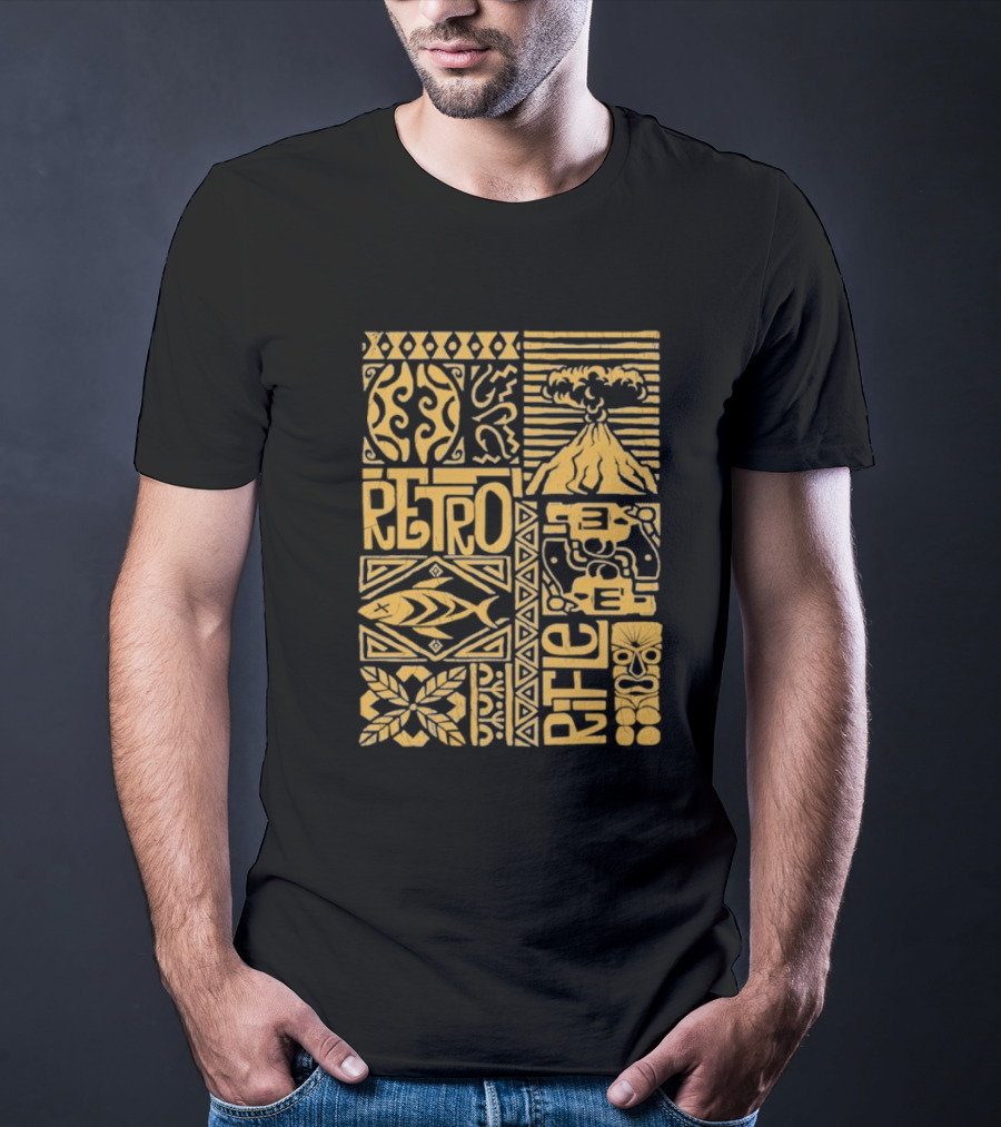 Retro Rifle Lei Em Down Pacific Island Tiki Volcano Palm Tree Ocean Waves Design T-Shirt