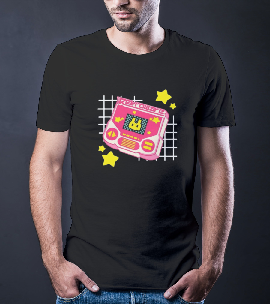 RetroWare Handheld Pink Star Arcade Pixel Bunny Game Typography T-Shirt