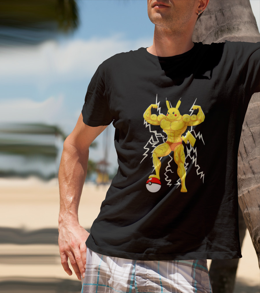 Muscled Pikachu Pumpachu With Lightning And Poké Ball T-Shirt