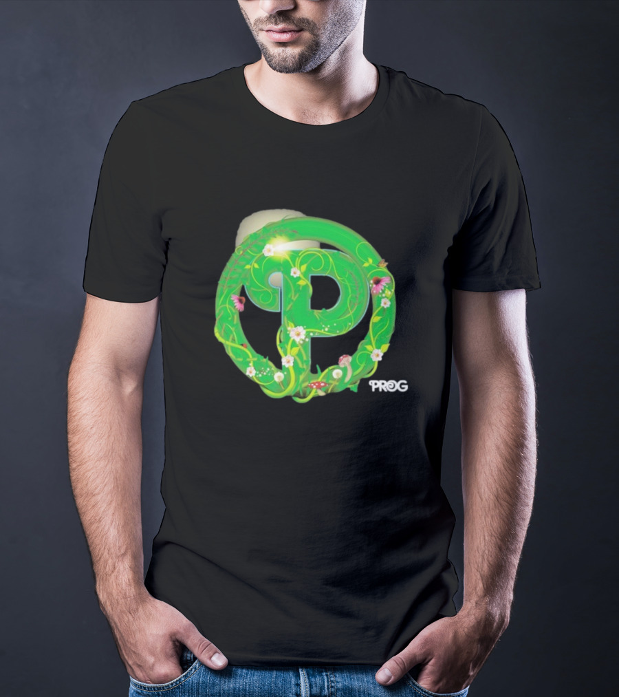Prog Green Nature-Inspired Letter P With Flowers And Mushrooms T-Shirt