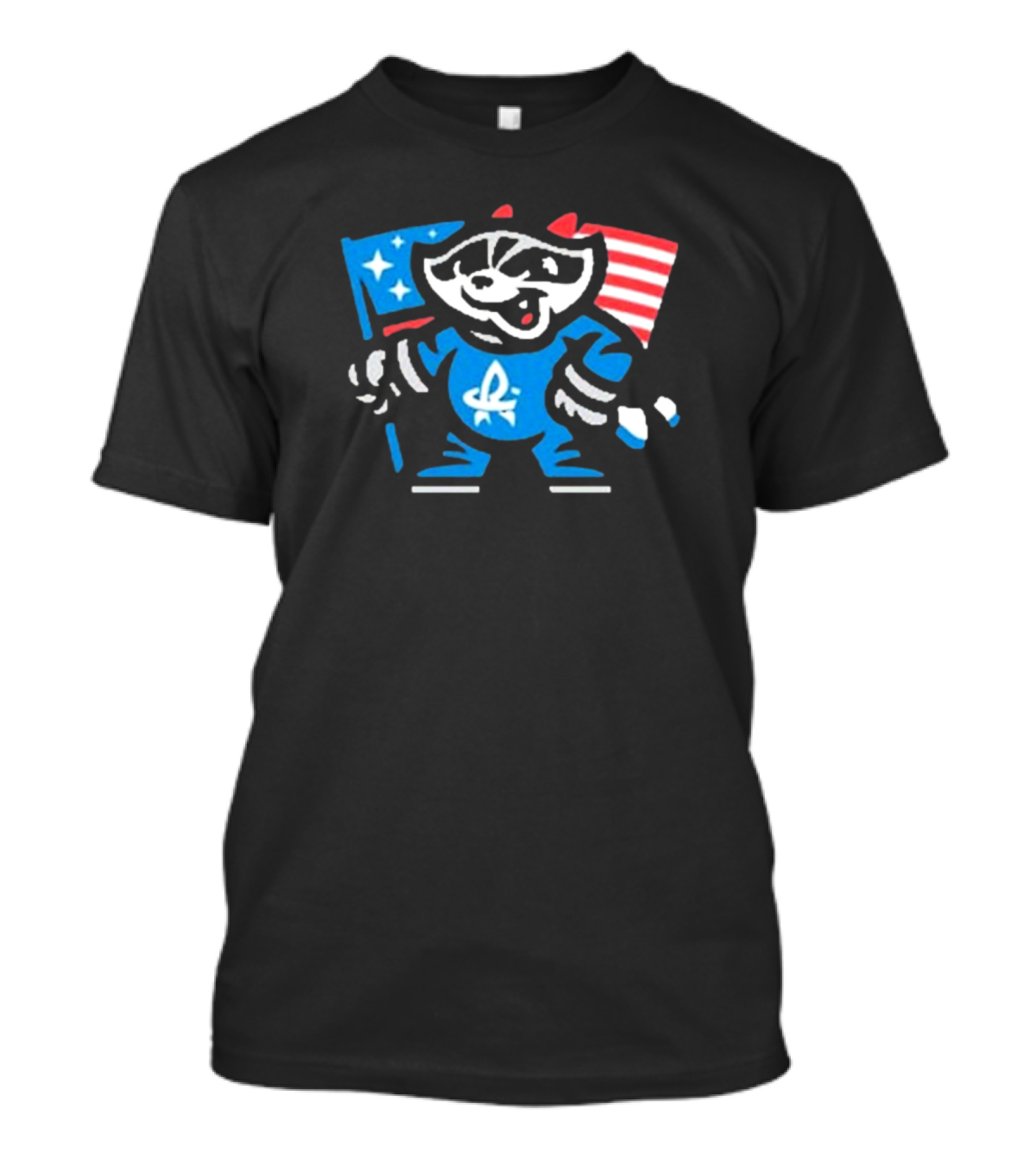 Rocket City Trash Pandas Mascot Holding American Flag And Rocket Logo T-Shirt