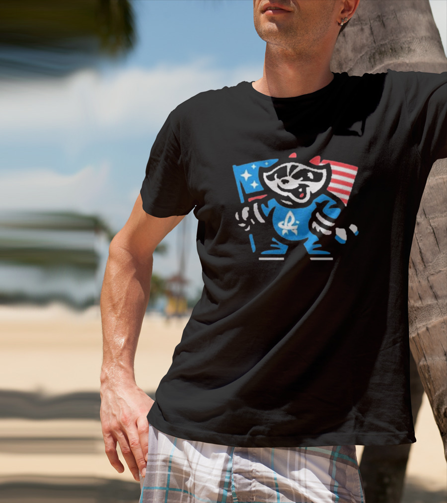 Rocket City Trash Pandas Mascot Holding American Flag And Rocket Logo T-Shirt