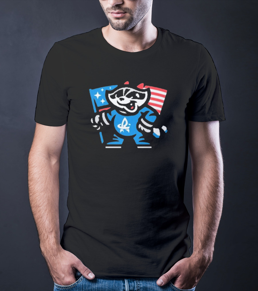 Rocket City Trash Pandas Mascot Holding American Flag And Rocket Logo T-Shirt