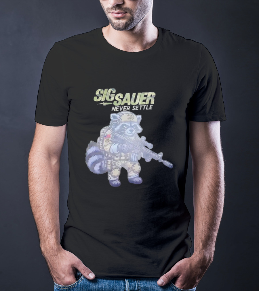 Raccoon Soldier Sig Sauer Never Settle Tactical Gear T-Shirt