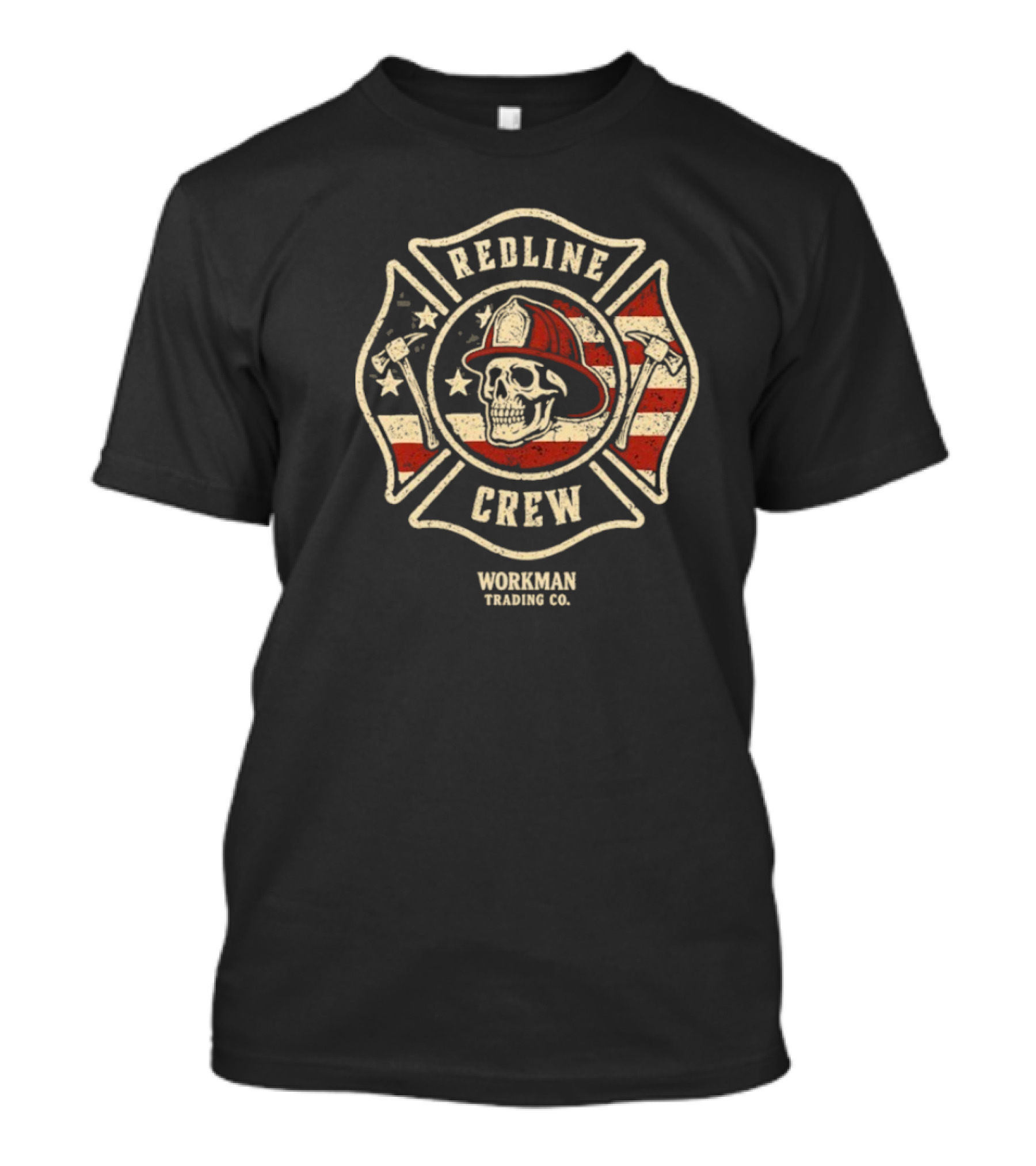 Redline Crew Workman Trading Co Skull Firefighter American Flag T-Shirt