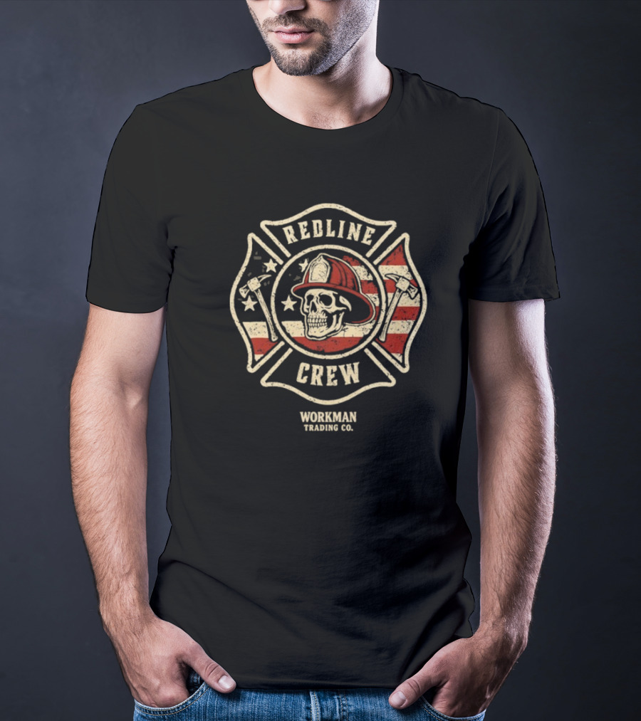 Redline Crew Workman Trading Co Skull Firefighter American Flag T-Shirt
