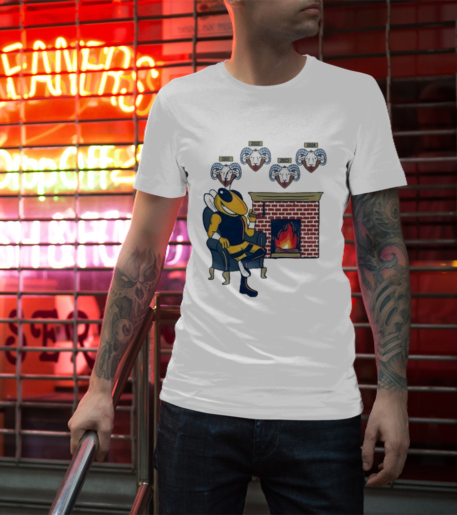 GT Mantel Pocket Yellow Jacket By Fireplace With Ram Trophies T-Shirt