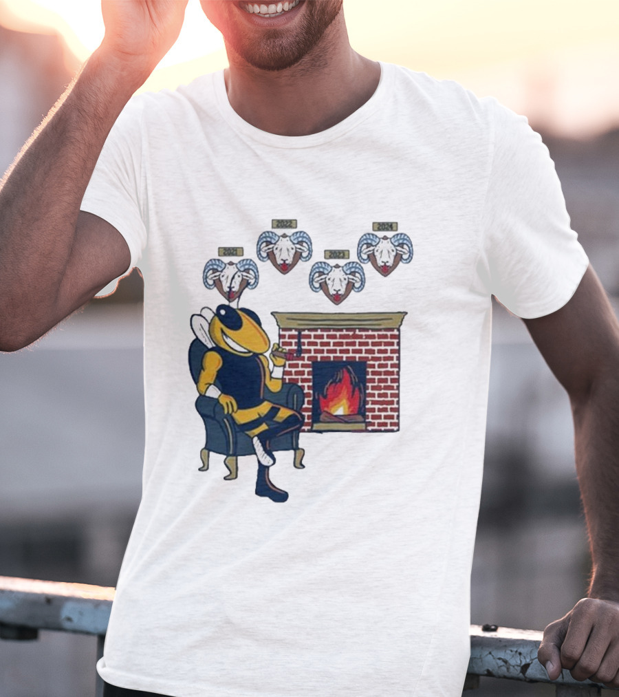 GT Mantel Pocket Yellow Jacket By Fireplace With Ram Trophies T-Shirt