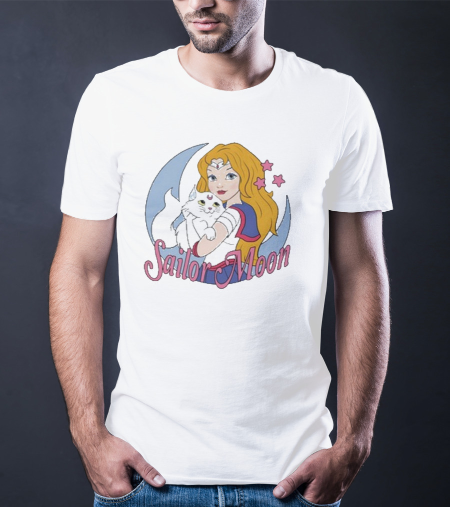 Sailor Moon Holding White Cat With Stars T-Shirt