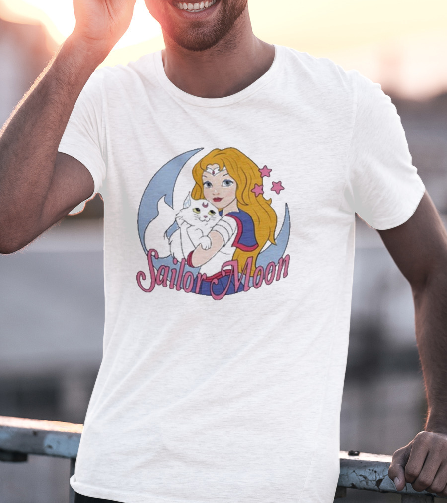 Sailor Moon Holding White Cat With Stars T-Shirt