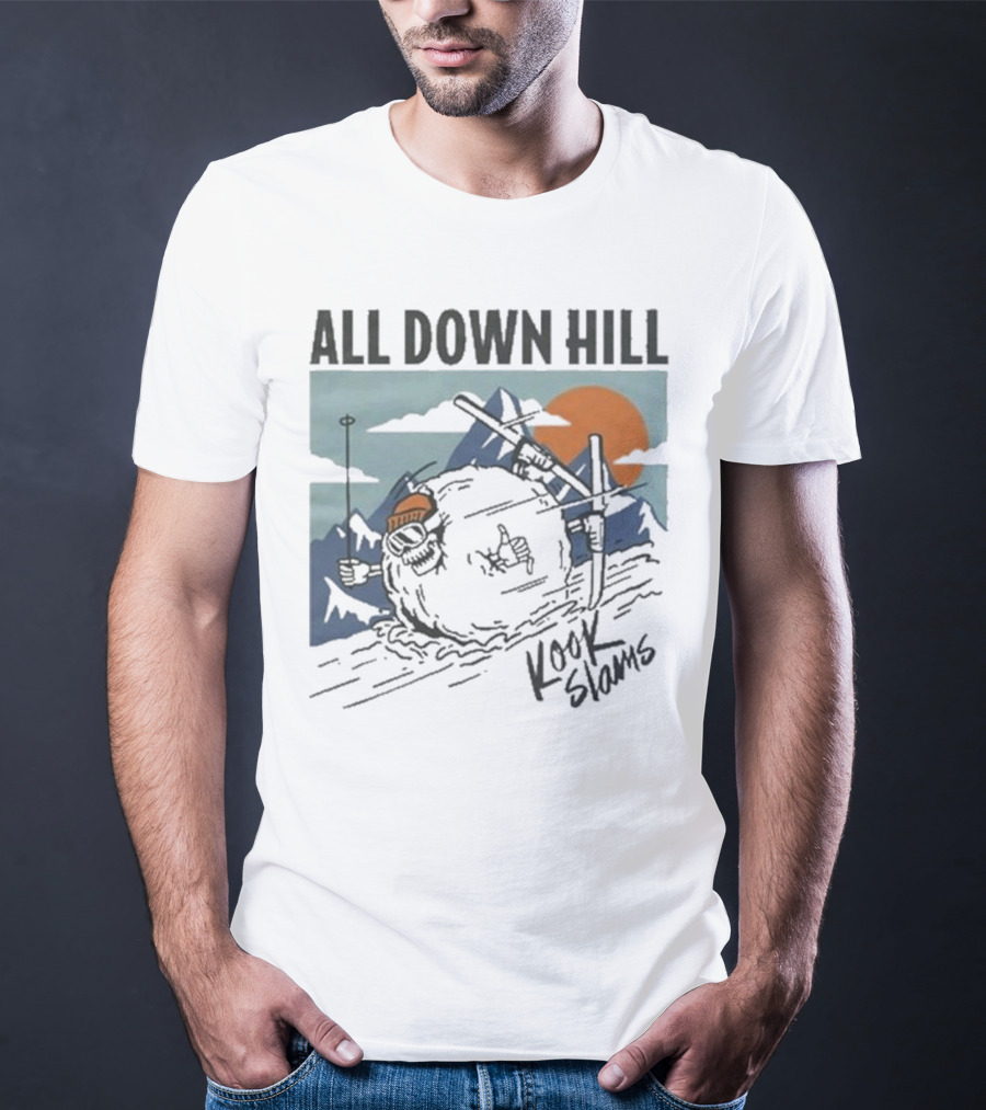 Kook Slams All Down Hill Skiing Adventure Orange Sunset Rugged Mountains T-Shirt