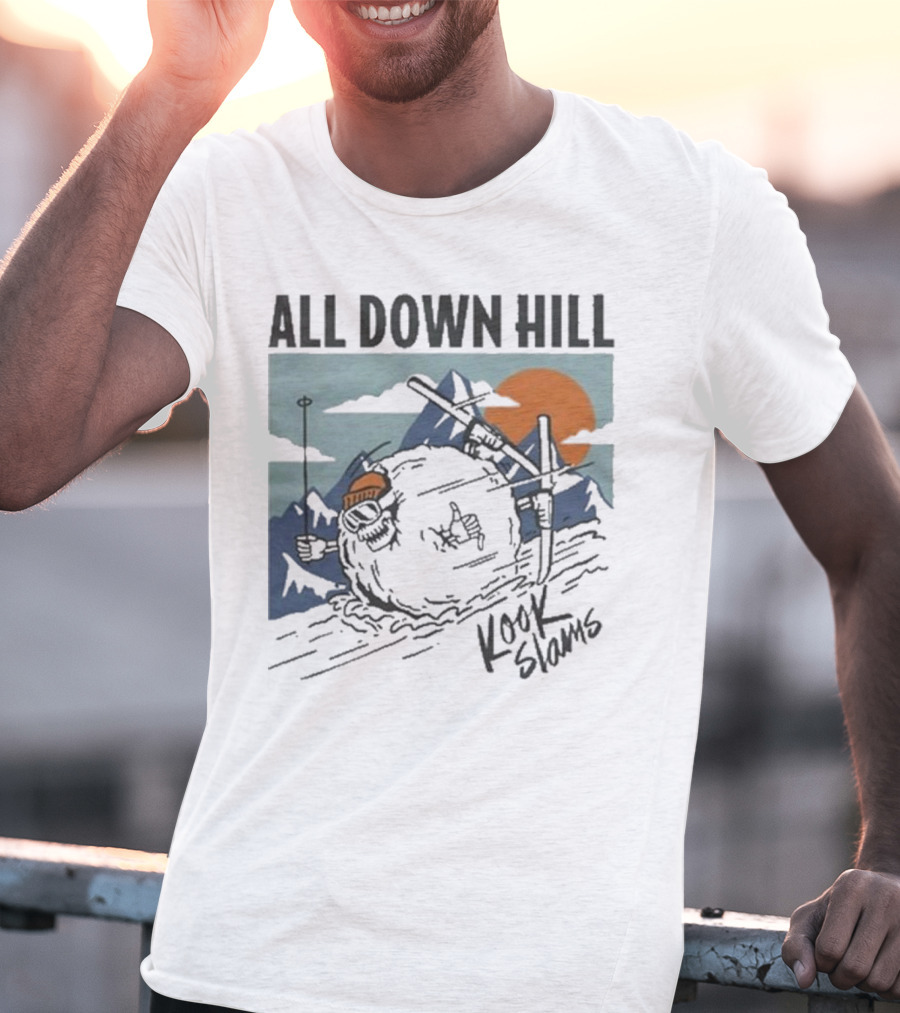 Kook Slams All Down Hill Skiing Adventure Orange Sunset Rugged Mountains T-Shirt