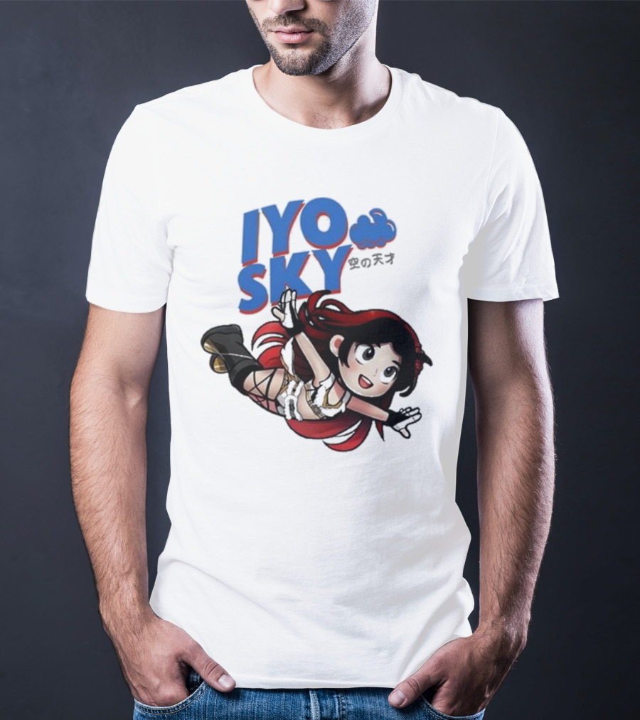 Iyo Sky Anime Character With Red And Black Hair Floating In The Clouds T-Shirt
