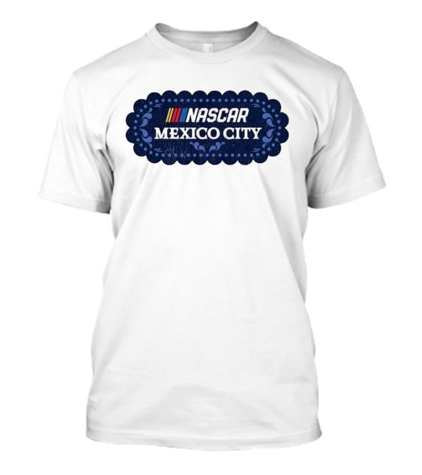NASCAR Mexico City Scalloped Emblem With Colorful Stripes On Blue Background T-Shirt