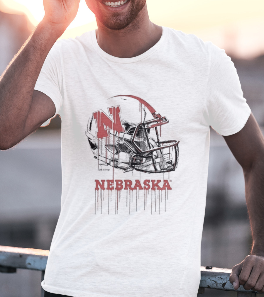 Nebraska Huskers N Dripping Football Helmet T-Shirt