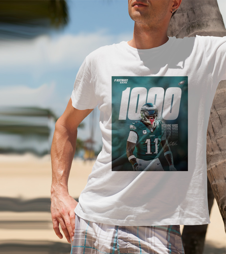 Philadelphia Eagles A.J. Brown 1000 Receiving Yards Signature Fly Eagles Fly NFL T-Shirt