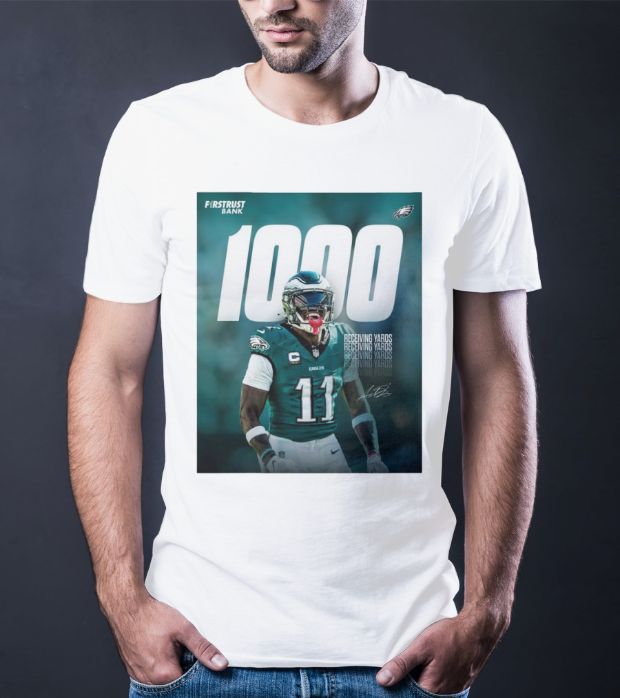 Philadelphia Eagles A.J. Brown 1000 Receiving Yards Signature Fly Eagles Fly NFL T-Shirt