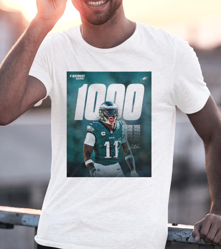 Philadelphia Eagles A.J. Brown 1000 Receiving Yards Signature Fly Eagles Fly NFL T-Shirt