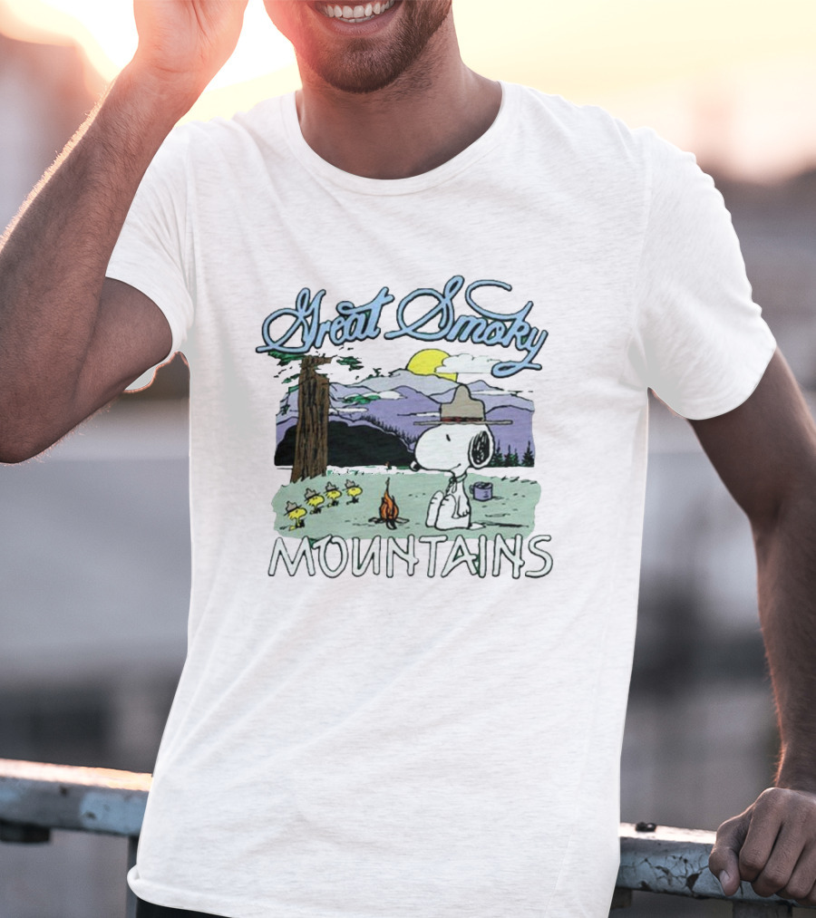 Snoopy Great Smoky Mountains Camping Scene With Woodstock Characters T-Shirt