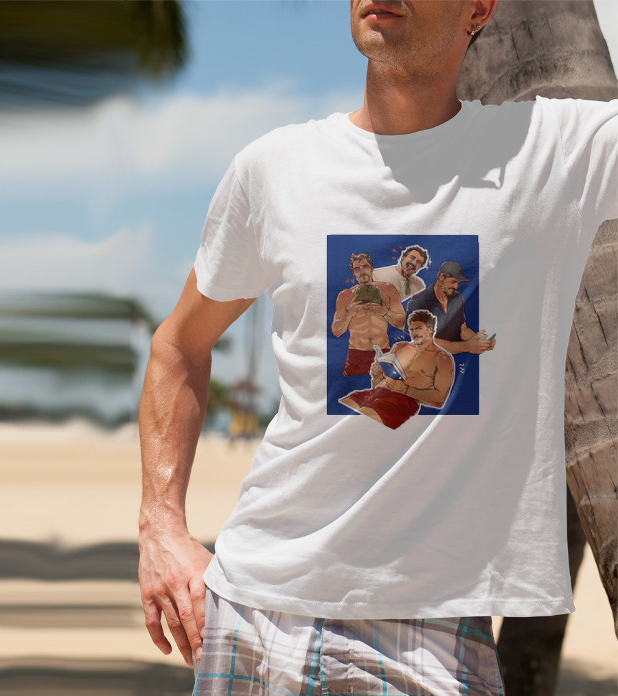 Pedro Pascal Humorous Illustrated Collage Reading And Relaxing Moments T-Shirt