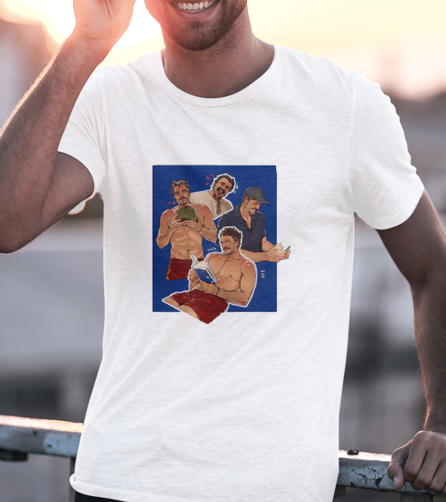 Pedro Pascal Humorous Illustrated Collage Reading And Relaxing Moments T-Shirt