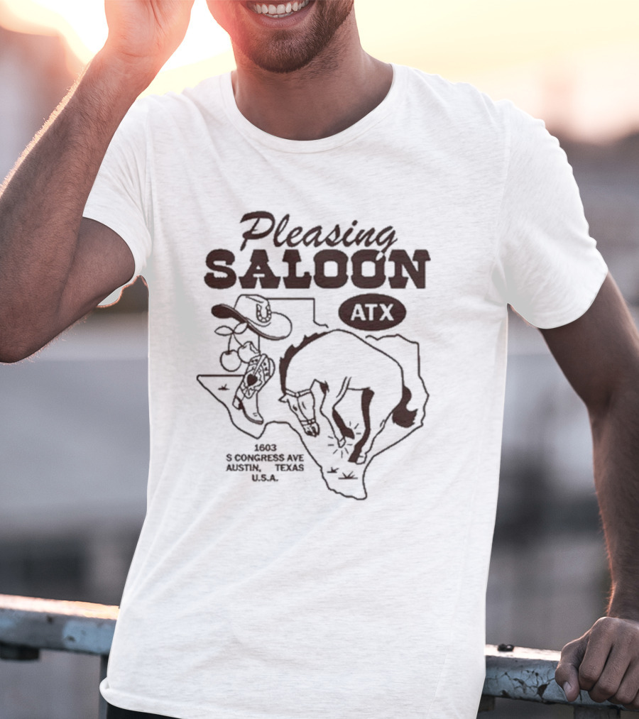 Pleasing Saloon ATX 1603 S Congress Ave Austin Texas USA Cowboy And Bull Texas Outline T-Shirt