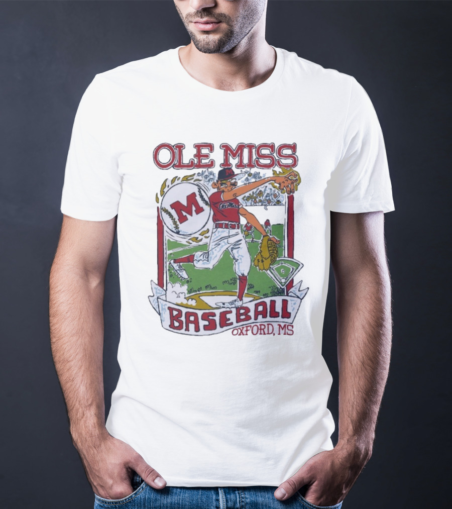 Ole Miss Baseball Oxford MS Pitcher Illustration With M Logo T-Shirt