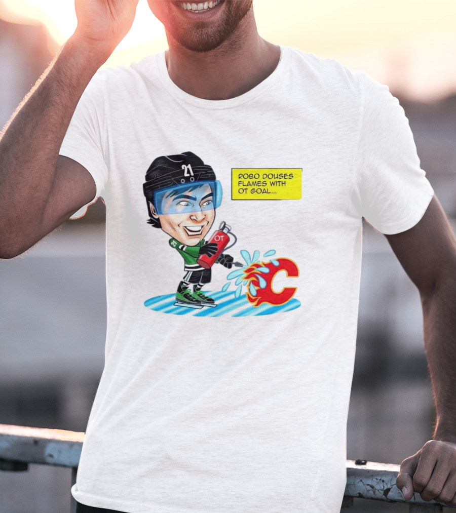 Robo Douses Flames With OT Goal Hockey Player Cartoon Extinguishing Calgary Flame Logo T-Shirt