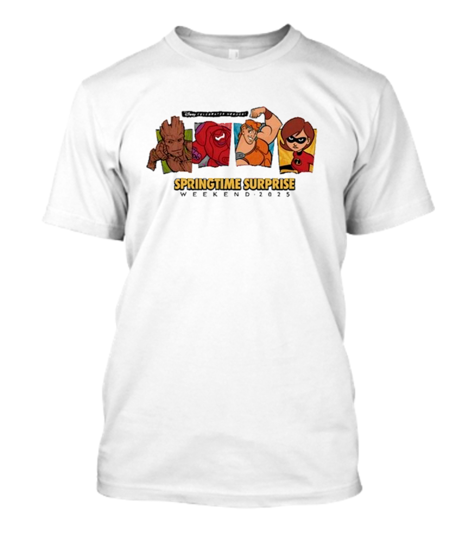 Run Disney Springtime Surprise Weekend 2025 Groot Baymax Hercules Elastigirl T-Shirt