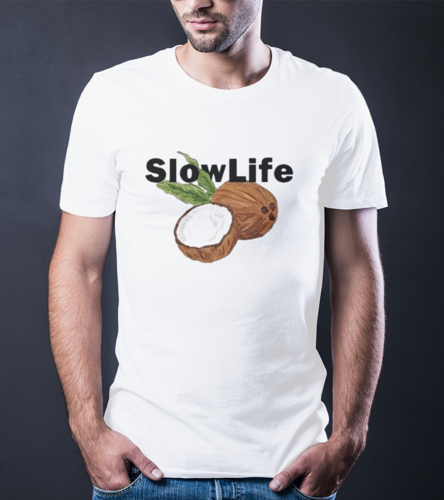 Slow Life Coconut Illustration With Text And Leaves T-Shirt