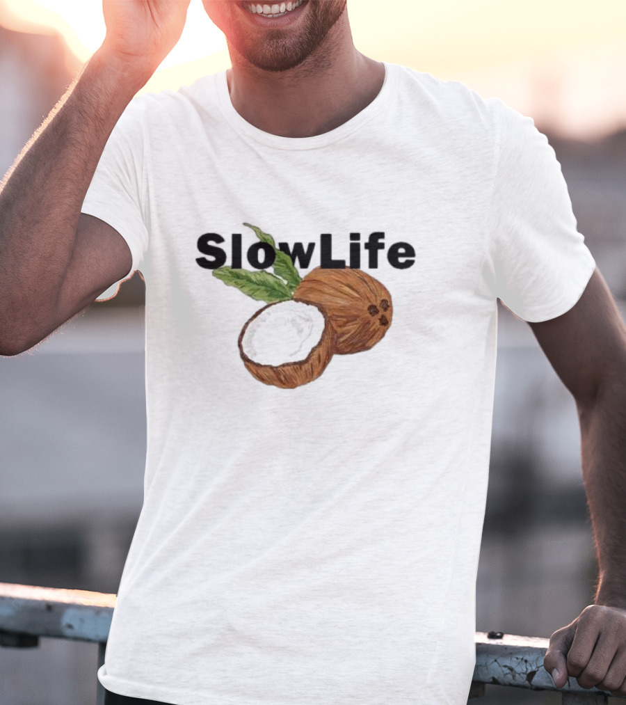 Slow Life Coconut Illustration With Text And Leaves T-Shirt