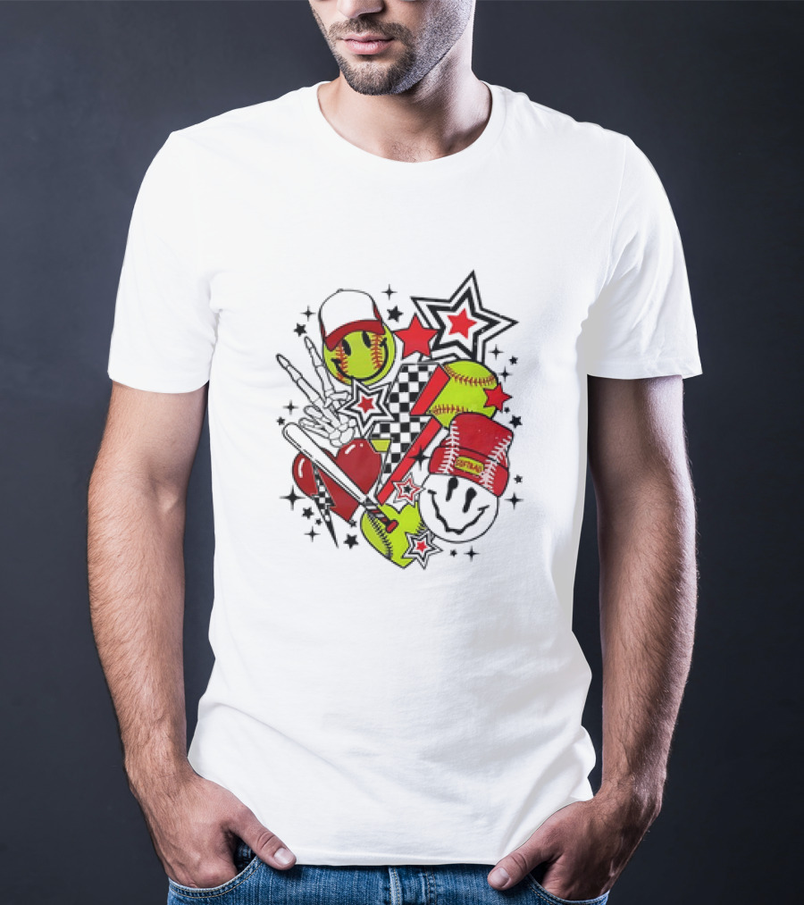 Softball Smiley Face Devil Cap Bats And Stars Retro T-Shirt