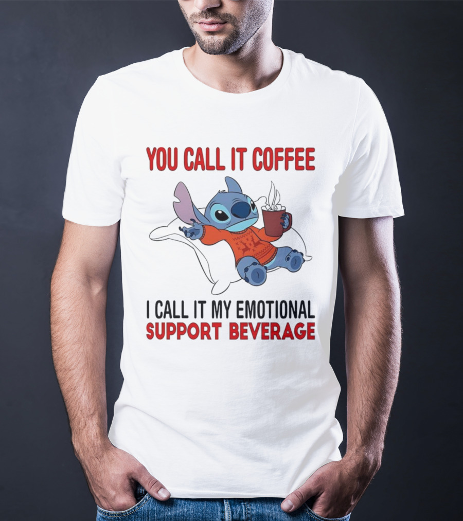 Stitch You Call It Coffee I Call It My Emotional Support Beverage Blue Alien Character With Hot Drink In Red Sweater T-Shirt