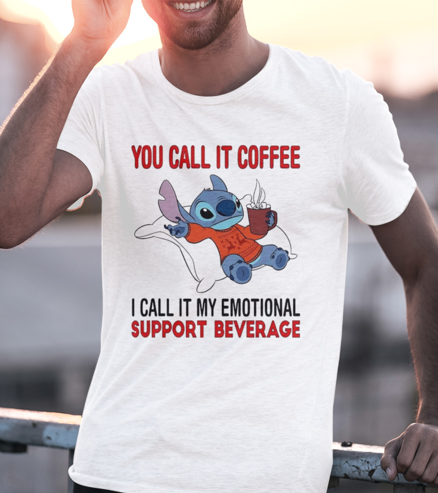 Stitch You Call It Coffee I Call It My Emotional Support Beverage Blue Alien Character With Hot Drink In Red Sweater T-Shirt