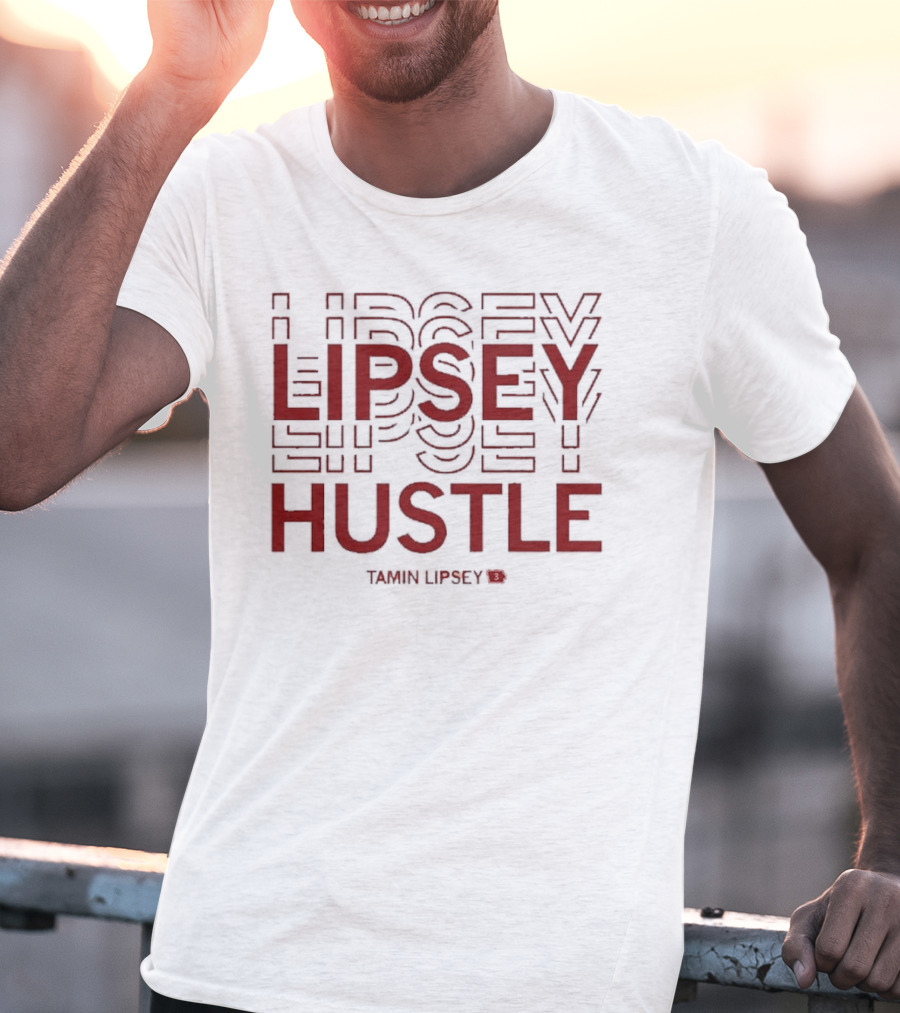 Tamin Lipsey Hustle Repeating Bold Red Text T-Shirt