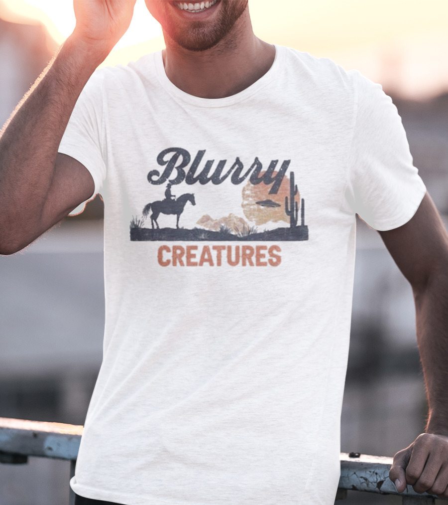 Blurry Creatures UFO Desert Cowboy Cactus Scene T-Shirt