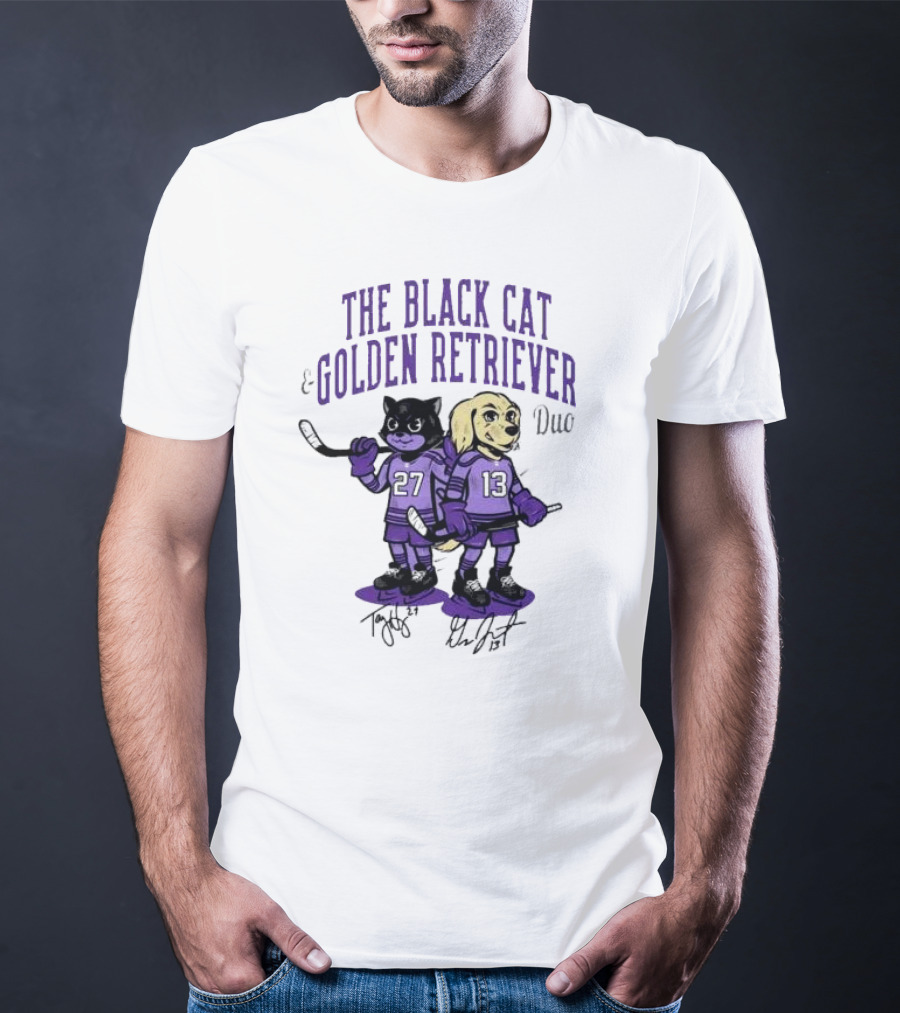 The Black Cat Golden Retriever 27 13 Hockey Duo T-Shirt