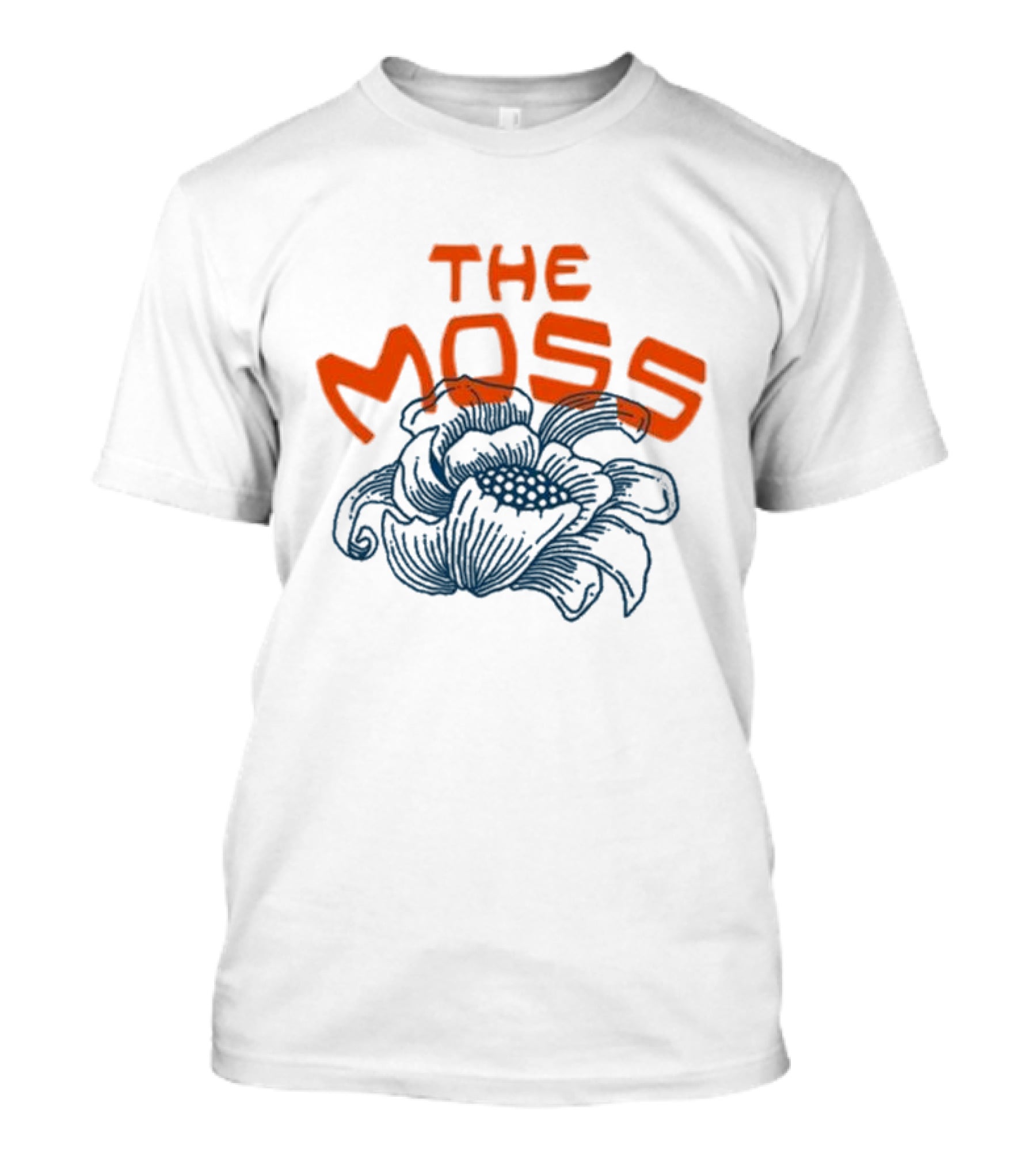 The Moss Flower 2025 Bold Blue And Orange Text Over Artistic Floral Illustration T-Shirt