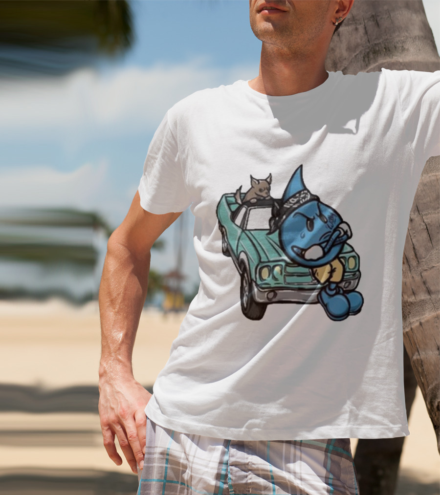 Thornhill Bat White Blue Cartoon Character With Dog In Classic Car T-Shirt