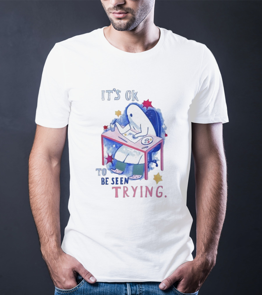 The Sad Ghost Club It's Ok To Be Seen Trying Ghost Painting At Desk With Stars And Colors T-Shirt