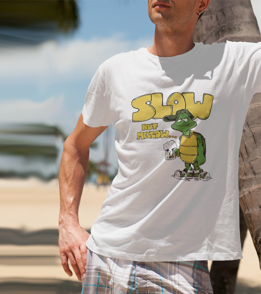 Slow But Mellow Turtle With Beer Retro Vintage 70s Style T-Shirt