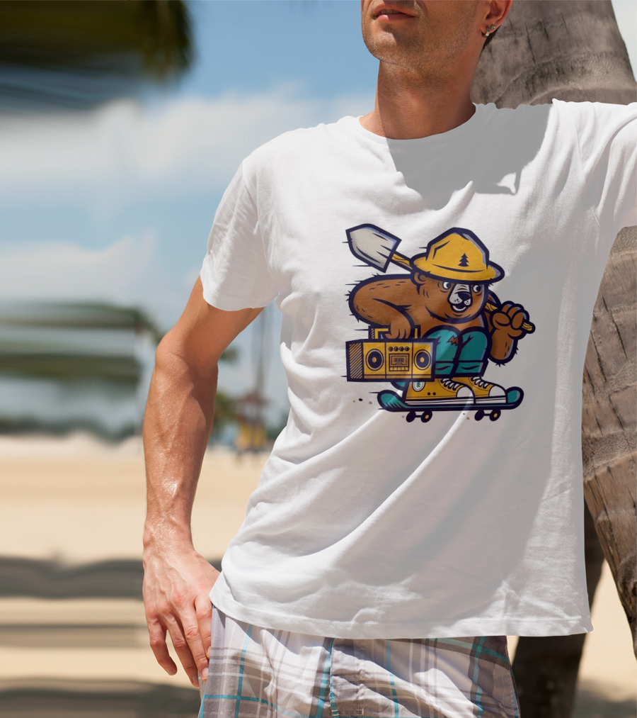 ```Wildfire Relief Bear Skateboarding With Boombox And Shovel``` T-Shirt